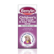Benylin Children's Dry Cough and Sore Throat Syrup 125ml bottle with measuring spoon