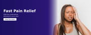 Pain relief product advertisement with text and graphics on a red background
