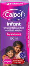 Calpol Infant 120mg/5ml suspension bottle with calibrated syringe