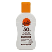 Malibu SPF 50 sunscreen lotion application on skin