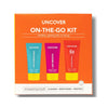 Uncover On The Go Kit with three mini bottles: Green Tea Cleanser, Argan Moisturiser, and Aloe Sunscreen SPF 50+